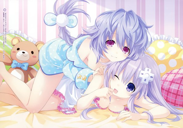 Anime picture 6950x4877 with choujigen game neptune nepgear pururut manamitsu long hair looking at viewer blush fringe highres breasts open mouth light erotic smile hair between eyes purple eyes bare shoulders multiple girls payot absurdres cleavage