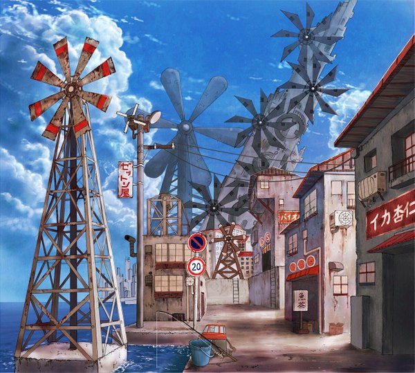 Anime picture 1203x1081 with original cola (pixiv) sky cloud (clouds) city hieroglyph cityscape no people sea building (buildings) wire (wires) traffic sign bucket fishing rod wind turbine