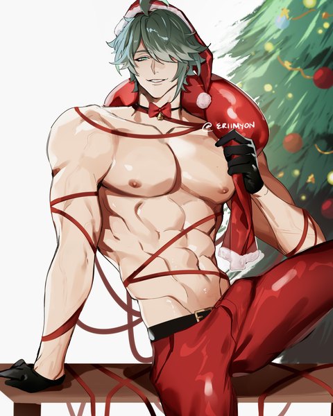 Anime picture 1500x1875 with genshin impact alhaitham (genshin impact) emily-ebarrola single tall image looking at viewer fringe short hair light erotic smile green eyes signed ahoge grey hair hair over one eye arm support twitter username groin christmas topless