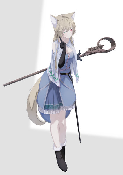 Anime picture 1771x2508 with original mikisai single long hair tall image looking at viewer fringe highres simple background red eyes standing animal ears payot tail animal tail one eye closed grey hair wink grey background outstretched arm