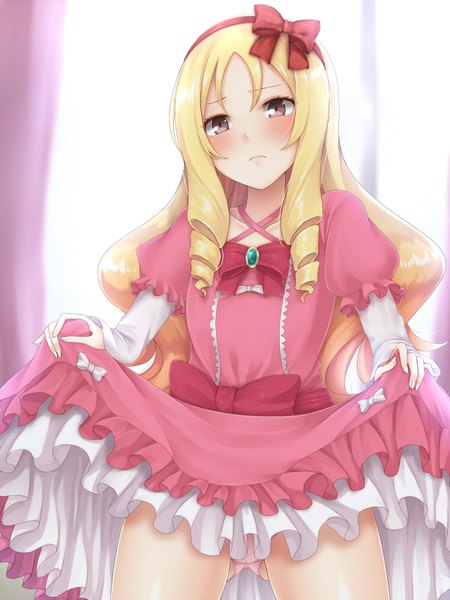 Anime picture 1200x1599 with eromanga sensei a-1 pictures yamada elf aru gunsou single long hair tall image looking at viewer blush light erotic blonde hair brown eyes pantyshot puffy sleeves drill hair ass visible through thighs dress lift girl dress underwear