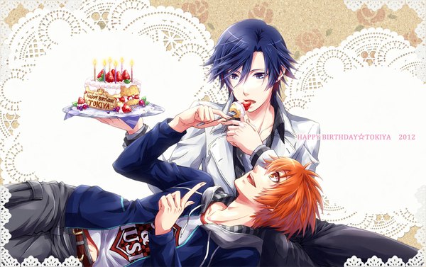 Anime picture 1173x738 with uta no prince-sama a-1 pictures ichinose tokiya ittoki otoya kaorie (artist) short hair open mouth blue eyes red eyes sitting blue hair lying orange hair multiple boys happy birthday boy food sweets 2 boys berry (berries)