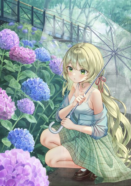 Anime picture 1592x2251 with original lulinco single long hair tall image blush fringe open mouth blonde hair bare shoulders holding green eyes looking away full body bent knee (knees) outdoors off shoulder plaid skirt rain squat