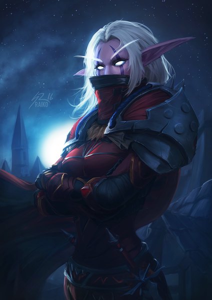 Anime picture 900x1273 with world of warcraft blizzard entertainment night elf raikoart single long hair tall image looking at viewer breasts standing signed outdoors white hair pointy ears realistic night night sky crossed arms eyebrows covered mouth