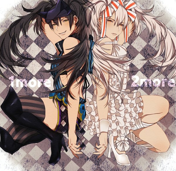 Anime picture 1076x1048 with vocaloid hatsune miku long hair fringe black hair smile red eyes twintails multiple girls white hair fingernails black eyes dark skin squat serious back to back dual persona checkered girl thighhighs