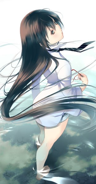 Anime picture 1300x2500 with getbackers studio deen fuuchouin kazuki hirai chika single long hair tall image blush fringe open mouth brown hair standing holding brown eyes very long hair barefoot from above wind otoko no ko boy