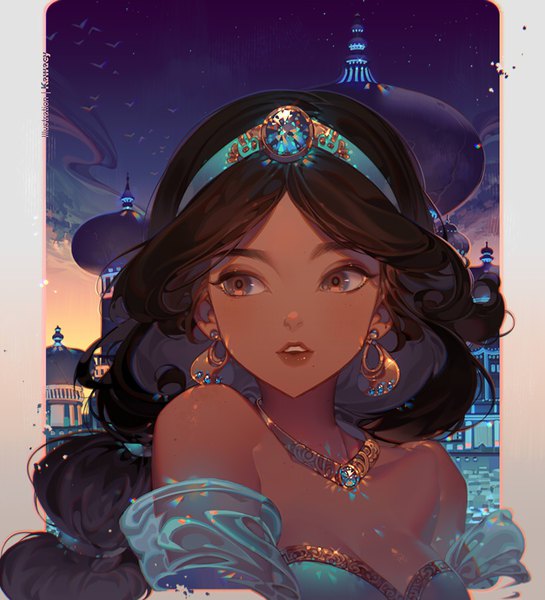 Anime-Bild 818x900 mit aladdin disney jasmine kawacy single long hair tall image breasts light erotic black hair bare shoulders brown eyes signed looking away sky cleavage upper body traditional clothes parted lips night