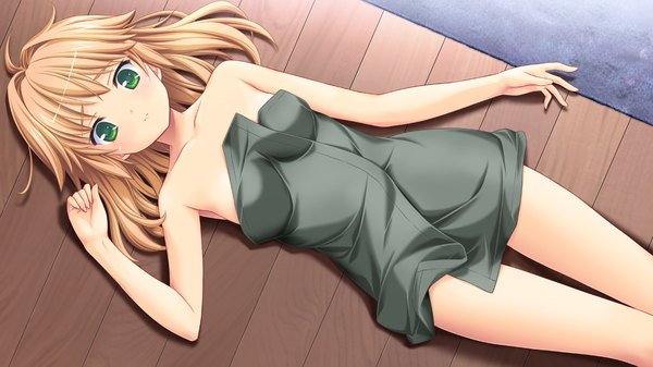 Anime picture 1280x720 with hatsukoi sacrament nagumo misaki single short hair light erotic blonde hair wide image bare shoulders green eyes game cg lying naked towel girl towel