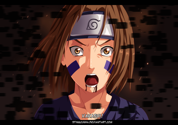 Anime picture 1233x870 with naruto studio pierrot naruto (series) nohara rin stingcunha single short hair open mouth brown hair brown eyes inscription coloring facial mark portrait letterboxed close-up girl blood bandana