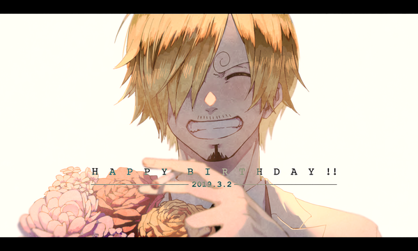 Anime picture 1700x1024 with one piece toei animation sanji kieshi heta single fringe short hair simple background blonde hair smile wide image white background eyes closed hair over one eye grin dated letterboxed eyebrows face ^ ^