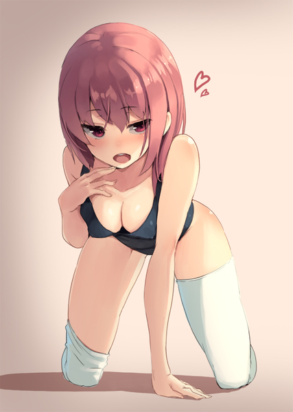 Anime picture 612x859 with original paseri single tall image blush fringe short hair breasts open mouth light erotic red eyes large breasts looking away pink hair cleavage shadow shiny skin gradient background finger to mouth on all fours