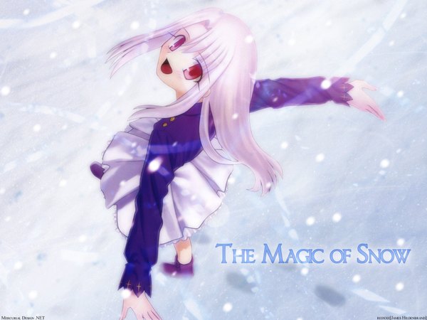 Anime picture 1600x1200 with fate (series) fate/stay night studio deen type-moon illyasviel von einzbern single long hair open mouth smile white hair pink eyes from above inscription snowing looking up spread arms winter snow walking girl