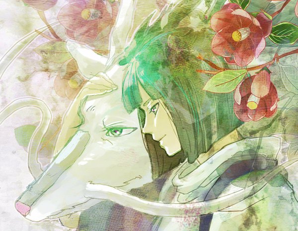 Anime picture 900x700 with spirited away studio ghibli haku (spirited away) haku (dragon) burusu fringe short hair smile looking away traditional clothes profile fingernails short sleeves dual persona bob cut boy flower (flowers) camellia (flower)