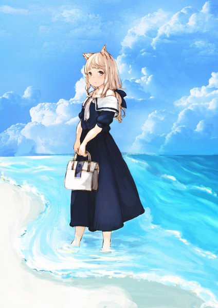 Anime picture 3413x4827 with original ikoan single long hair tall image looking at viewer blush fringe highres blonde hair standing bare shoulders holding animal ears payot absurdres sky cloud (clouds) full body outdoors