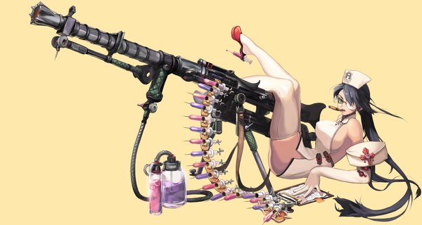 Anime picture 4252x2268 with original hyeona single long hair looking at viewer highres light erotic black hair wide image absurdres nurse girl thighhighs gloves weapon white thighhighs glasses elbow gloves gun nurse cap