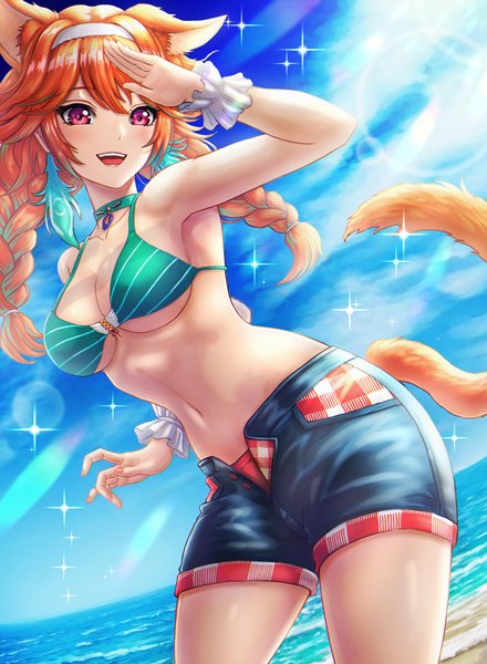 Anime picture 1700x2320 with virtual youtuber hololive hololive english takanashi kiara wajuniorbox single long hair tall image looking at viewer blush fringe breasts open mouth light erotic smile hair between eyes large breasts standing animal ears sky