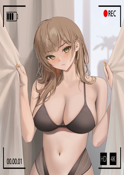 Anime picture 2365x3348 with original tokkihouse single tall image looking at viewer blush fringe highres breasts light erotic brown hair large breasts standing green eyes upper body blunt bangs nail polish head tilt fingernails blurry