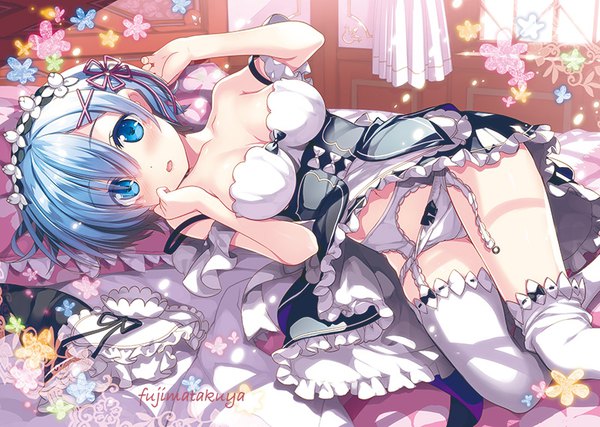 Anime picture 800x570 with re:zero kara hajimeru isekai seikatsu white fox rem (re:zero) fujima takuya single looking at viewer blush fringe short hair breasts blue eyes light erotic blue hair maid girl thighhighs dress uniform underwear flower (flowers)