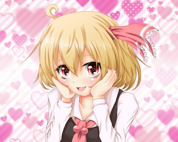 Anime picture 1000x800 with touhou rumia nekotama shun (artist) single looking at viewer blush short hair open mouth blonde hair red eyes girl dress heart