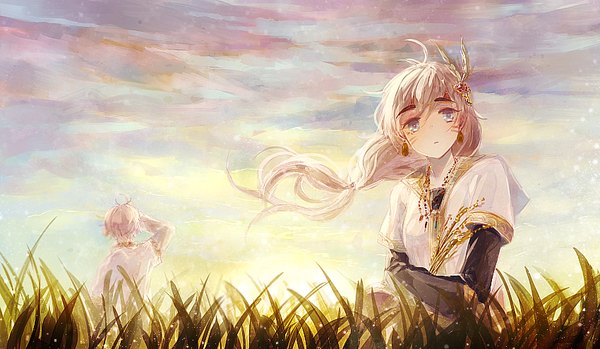 Anime picture 850x495 with original mint5464 long hair fringe short hair blue eyes wide image standing looking away sky cloud (clouds) wind from behind back crossed arms girl boy plant (plants) earrings pendant