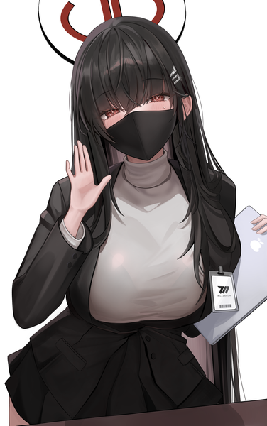 Anime picture 2232x3563 with blue archive rio (blue archive) manus (manuspupa) single long hair tall image looking at viewer blush fringe highres breasts black hair simple background hair between eyes red eyes large breasts standing white background long sleeves head tilt