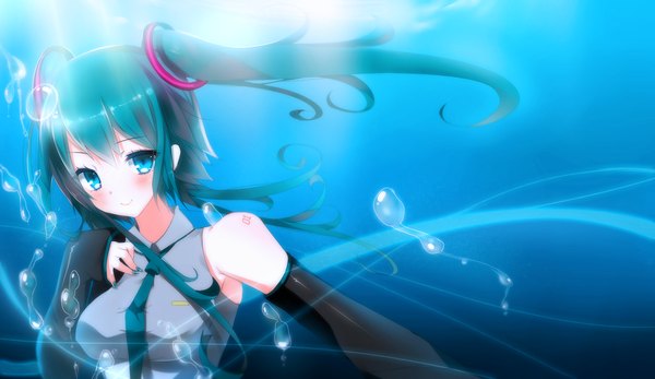 Anime picture 1800x1042 with vocaloid hatsune miku aoiken single long hair blush highres smile wide image twintails aqua eyes sunlight aqua hair tattoo underwater girl detached sleeves necktie bubble (bubbles)