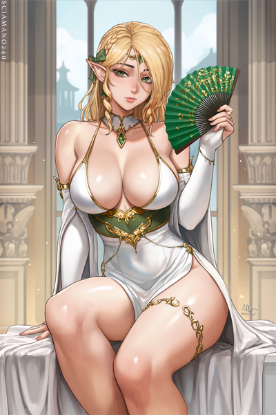 Anime picture 880x1320 with original myra (sciamano240) sciamano240 single long hair tall image looking at viewer fringe breasts light erotic blonde hair hair between eyes large breasts sitting holding green eyes signed payot sky cleavage