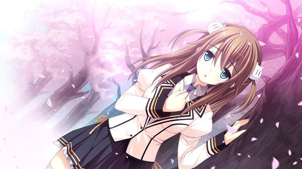 Anime picture 1920x1080 with mote sugite shuraba na ore (game) hagiwara hinano chiri (atlanta) single long hair looking at viewer highres open mouth blue eyes brown hair wide image game cg cherry blossoms hand on chest girl skirt uniform hair ornament plant (plants) school uniform