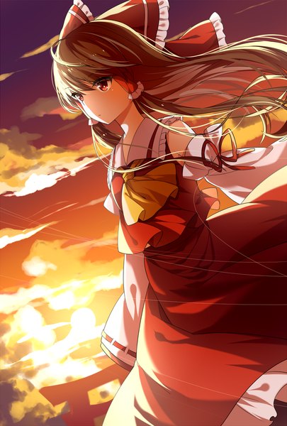 Anime picture 800x1184 with touhou hakurei reimu transistor (poppy) single long hair tall image red eyes brown hair looking away sky cloud (clouds) traditional clothes miko girl skirt bow hair bow detached sleeves skirt set