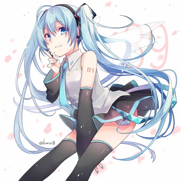Anime picture 930x930 with vocaloid hatsune miku kuroi (liar-player) single long hair looking at viewer fringe blue eyes simple background smile hair between eyes white background twintails bare shoulders signed payot blue hair ahoge nail polish pleated skirt