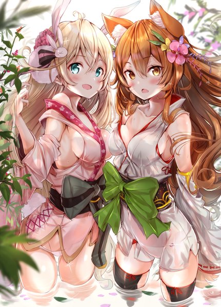 Anime picture 1438x2000 with shironeko project korin (shironeko project) tsukimi (shironeko project) fuku kitsune (fuku fox) long hair tall image looking at viewer blush fringe breasts open mouth light erotic blonde hair hair between eyes large breasts multiple girls brown eyes animal ears traditional clothes japanese clothes