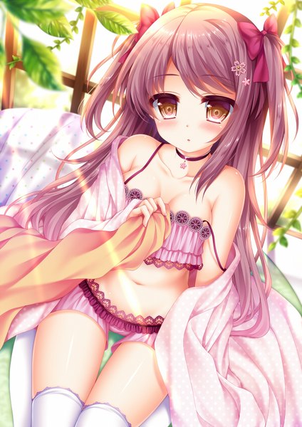 Anime picture 600x848 with original shitou single long hair tall image looking at viewer blush fringe breasts light erotic bare shoulders brown eyes payot cleavage indoors head tilt sunlight blurry bare belly :o