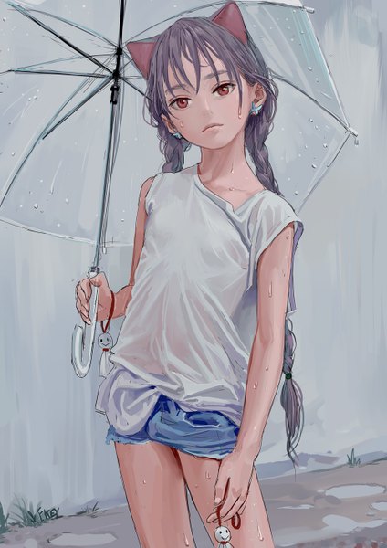 Anime picture 1000x1415 with original feiqizi (fkey) fkey single long hair tall image looking at viewer fringe hair between eyes red eyes standing holding animal ears outdoors braid (braids) head tilt grey hair cat ears twin braids wet clothes