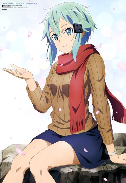 Anime picture 4083x5926 with sword art online a-1 pictures animedia asada shino aqua inc. single tall image fringe highres short hair hair between eyes sitting payot looking away absurdres aqua eyes scan aqua hair arm support official art