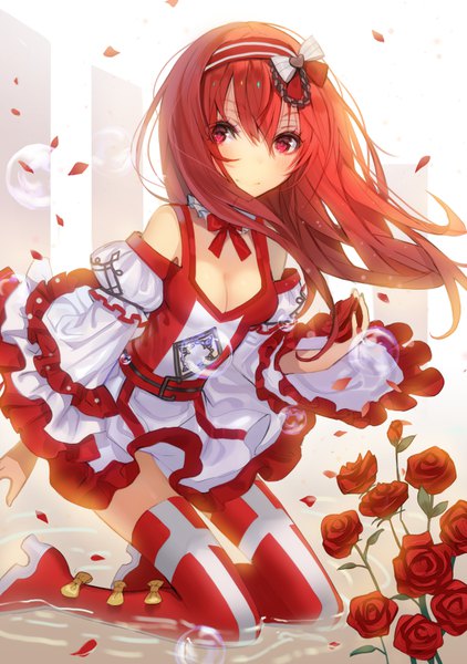 Anime-Bild 613x871 mit original lloule single long hair tall image looking at viewer blush fringe breasts hair between eyes red eyes cleavage full body red hair light smile wind wide sleeves kneeling partially submerged backlighting