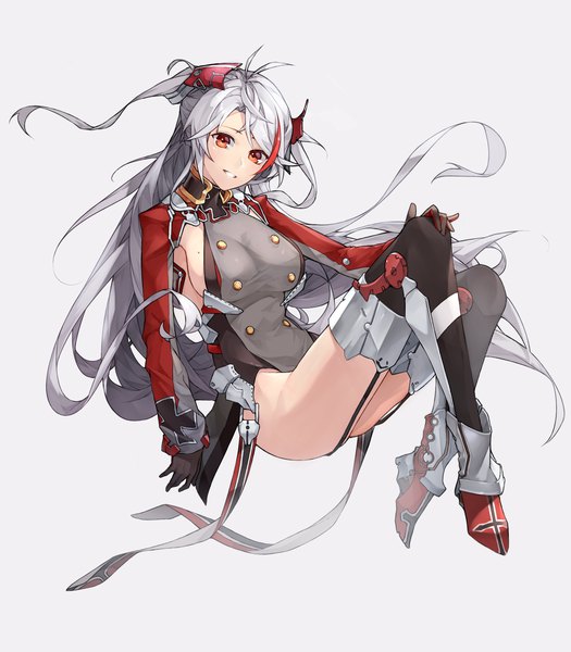 Anime picture 2100x2400 with azur lane prinz eugen (azur lane) page'as single long hair tall image looking at viewer highres breasts light erotic simple background red eyes large breasts silver hair full body bent knee (knees) parted lips grey background mole two side up