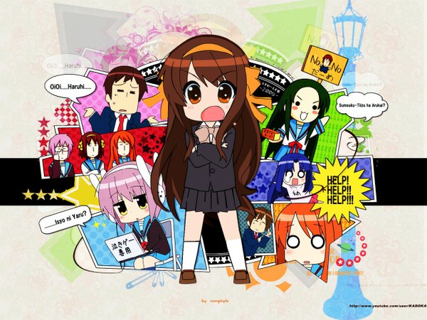 Anime picture 1280x960 with suzumiya haruhi no yuutsu kyoto animation suzumiya haruhi nagato yuki asahina mikuru kyon tsuruya asakura ryouko long hair chibi o o solid eyes girl uniform school uniform