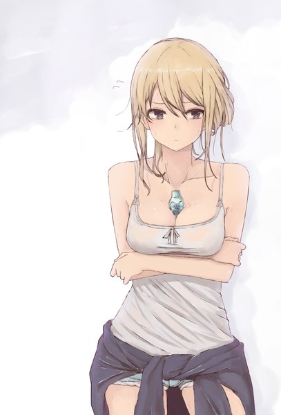 Anime picture 2334x3441 with original rutchifu single long hair tall image fringe highres light erotic blonde hair standing bare shoulders looking away no bra grey eyes sweat crossed arms between breasts girl shorts short shorts