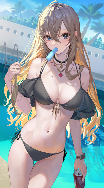 Anime picture 3220x5825 with original teffish single long hair tall image looking at viewer fringe highres breasts blue eyes light erotic hair between eyes brown hair large breasts standing holding absurdres cleavage outdoors arm up