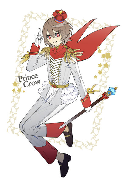 Anime picture 750x1113 with persona 5 persona akechi gorou poti single tall image looking at viewer fringe short hair smile hair between eyes red eyes brown hair white background holding full body boy gloves white gloves star (symbol)