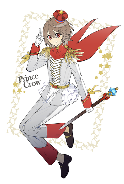 イラスト 750x1113 と ペルソナ5 persona 明智吾郎 poti ソロ 長身像 カメラ目線 前髪 短い髪 笑顔 hair between eyes 赤い目 茶色の髪 白背景 holding 全身 男性 手袋 白手袋 スター