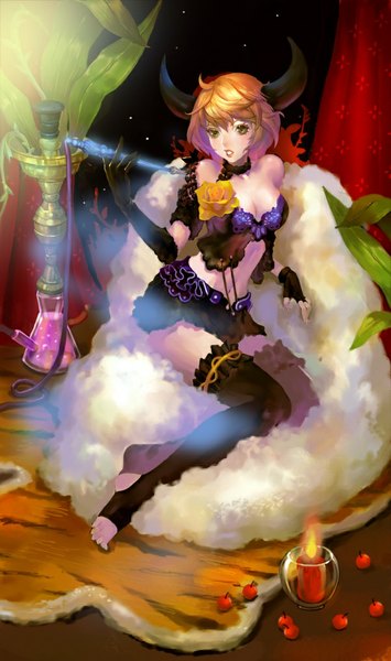 Anime picture 602x1018 with revenge of dragoon tagme (artist) tall image looking at viewer short hair sitting bare shoulders green eyes barefoot horn (horns) lips orange hair smoke demon girl girl thighhighs gloves flower (flowers) black thighhighs plant (plants)