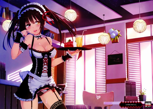 Anime picture 6992x5000 with date a live tokisaki kurumi terras single long hair blush highres light erotic black hair twintails bare shoulders absurdres scan maid heterochromia girl thighhighs dress underwear panties