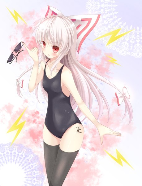 Anime picture 1075x1406 with touhou fujiwara no mokou aibumi single long hair tall image blush light erotic red eyes white hair sunglasses removed girl thighhighs bow black thighhighs swimsuit hair bow one-piece swimsuit sunglasses black swimsuit
