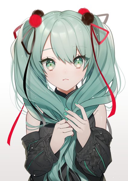 Anime picture 2507x3541 with vocaloid hatsune miku spinel cranweiss (artist) single long hair tall image looking at viewer highres simple background white background twintails upper body nail polish aqua eyes aqua hair holding hair :< aqua nail polish girl detached sleeves