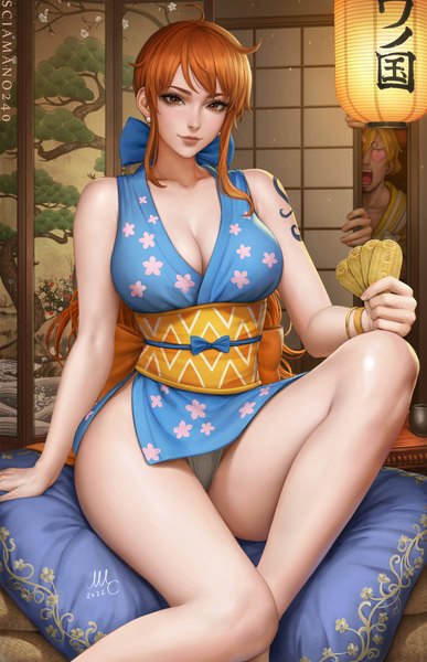 Anime picture 1936x3000 with one piece toei animation nami (one piece) sanji sciamano240 long hair tall image looking at viewer fringe highres short hair breasts open mouth light erotic blonde hair large breasts sitting holding brown eyes signed