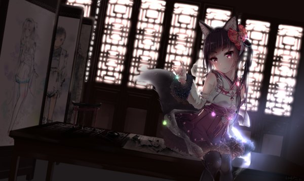 Anime picture 2074x1237 with original futoshi ame single long hair looking at viewer highres black hair red eyes wide image animal ears indoors tail traditional clothes head tilt japanese clothes animal tail wide sleeves fox ears side ponytail fox tail
