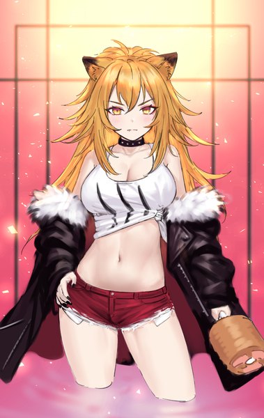Anime picture 632x1000 with arknights siege (arknights) siun single long hair tall image looking at viewer blush fringe breasts light erotic blonde hair hair between eyes bare shoulders holding animal ears yellow eyes cleavage long sleeves nail polish