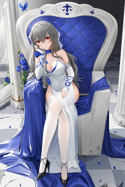 Anime picture 4967x7420 with azur lane saint-louis (azur lane) saint-louis (brilliant paladin) (azur lane) qing wu single long hair tall image looking at viewer fringe highres breasts light erotic hair between eyes red eyes large breasts sitting absurdres cleavage full body grey hair