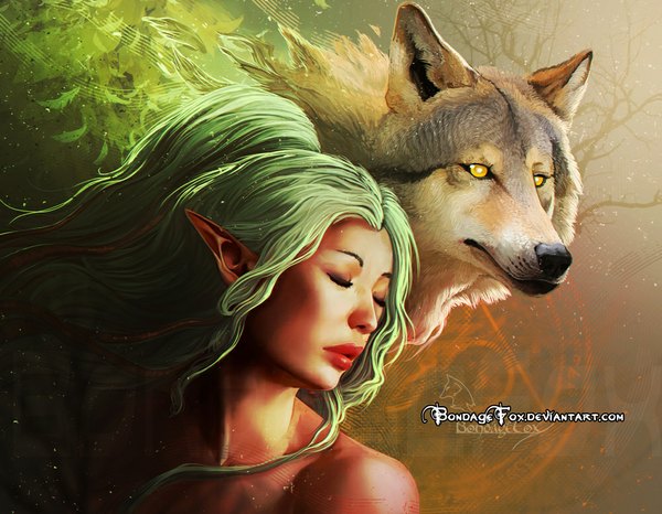 Anime picture 1000x777 with original bondagefox long hair bare shoulders signed yellow eyes eyes closed green hair lips pointy ears realistic girl animal wolf